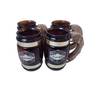 Vintage Grain Belt Amber Glass Beer Mug With Wood Handle Siesta Ware 5” Set Of 4